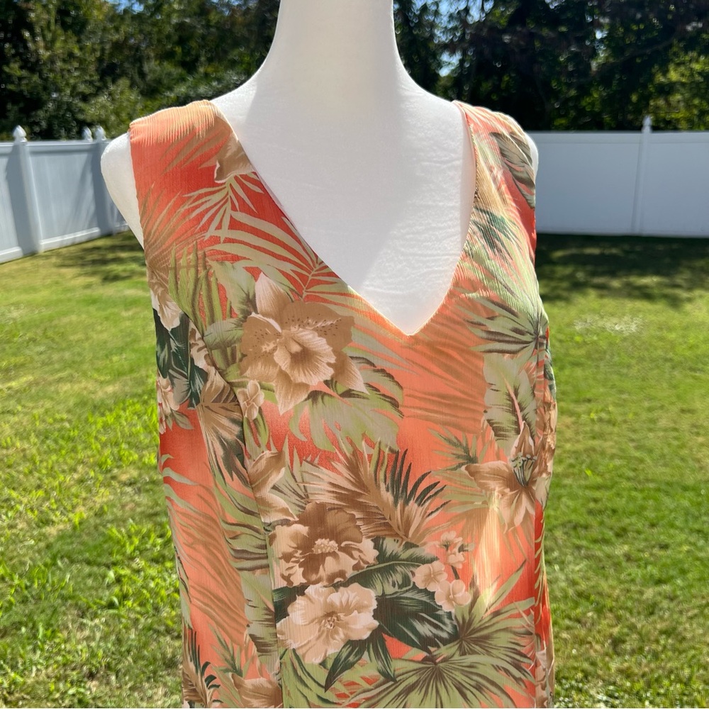 Danny & Nicole Peach Maxi Dress with Beige and Green Tropical Print Sz 16 - Picture 3 of 15